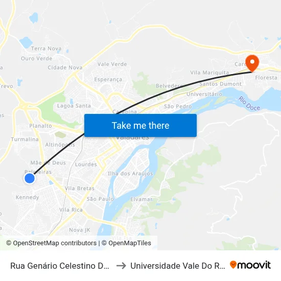 Rua Genário Celestino Dos Santos, 321 to Universidade Vale Do Rio Doce - Ceu map