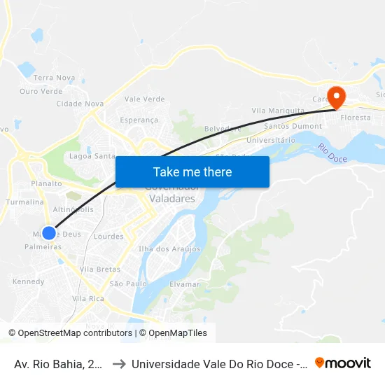 Av. Rio Bahia, 2305 to Universidade Vale Do Rio Doce - Ceu map