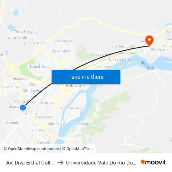 Av. Diva Erthal Collier, 23 to Universidade Vale Do Rio Doce - Ceu map