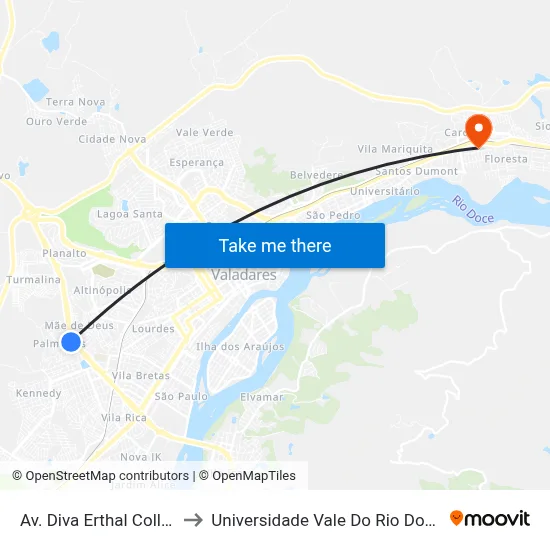 Av. Diva Erthal Collier, 62 to Universidade Vale Do Rio Doce - Ceu map