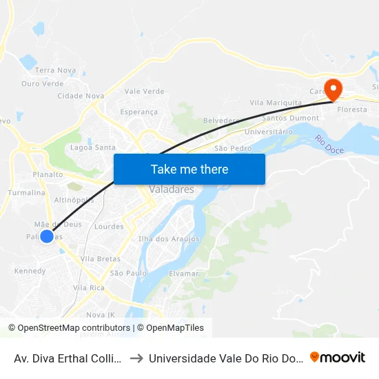Av. Diva Erthal Collier, 205 to Universidade Vale Do Rio Doce - Ceu map