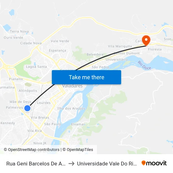 Rua Geni Barcelos De Almeida, 101 to Universidade Vale Do Rio Doce - Ceu map
