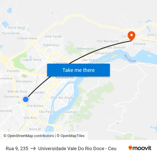 Rua 9, 235 to Universidade Vale Do Rio Doce - Ceu map