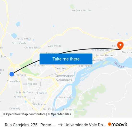 Rua Cerejeira, 275 | Ponto Final Do Turmalina to Universidade Vale Do Rio Doce - Ceu map