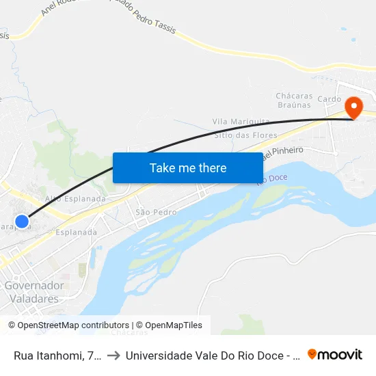 Rua Itanhomi, 738 to Universidade Vale Do Rio Doce - Ceu map