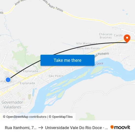 Rua Itanhomi, 779 to Universidade Vale Do Rio Doce - Ceu map