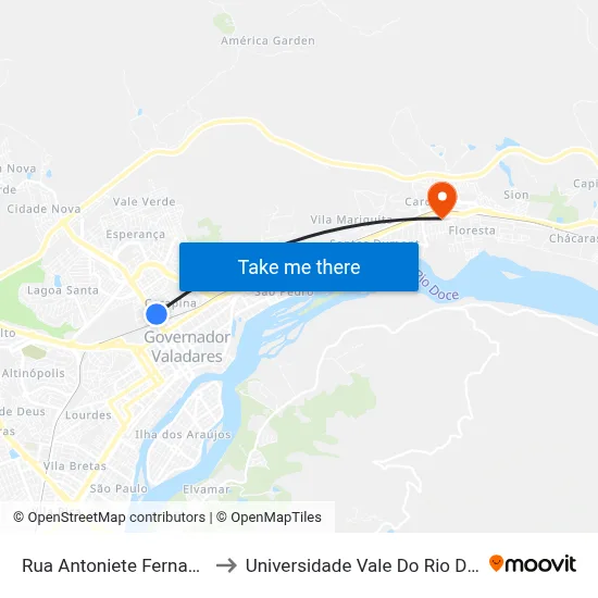 Rua Antoniete Fernandes, 49 to Universidade Vale Do Rio Doce - Ceu map