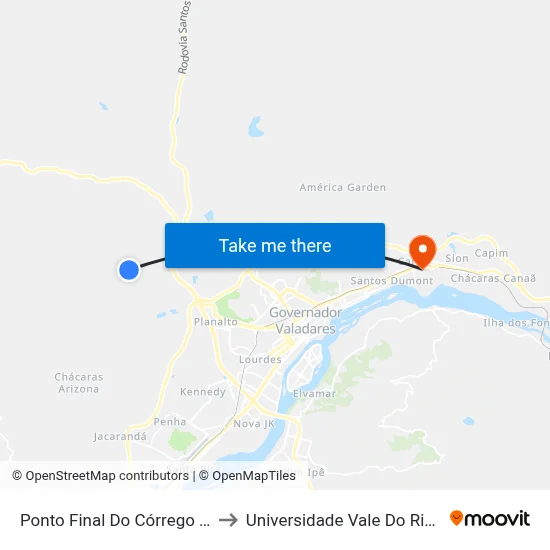 Ponto Final Do Córrego Dos Borges to Universidade Vale Do Rio Doce - Ceu map