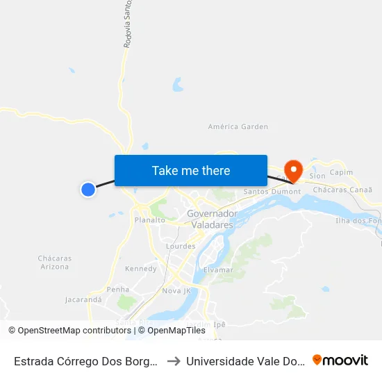 Estrada Córrego Dos Borges, Sentido Borges to Universidade Vale Do Rio Doce - Ceu map