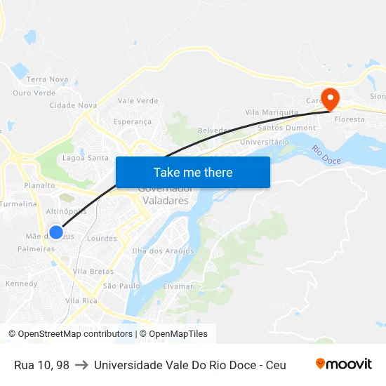 Rua 10, 98 to Universidade Vale Do Rio Doce - Ceu map