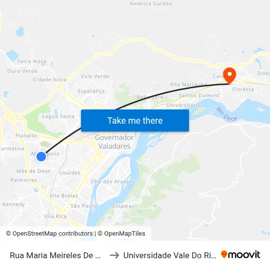 Rua Maria Meireles De Almeida, 1420 to Universidade Vale Do Rio Doce - Ceu map
