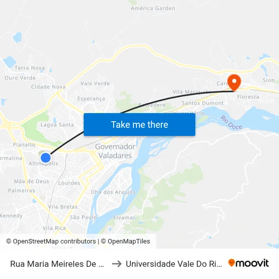 Rua Maria Meireles De Almeida, 911 to Universidade Vale Do Rio Doce - Ceu map