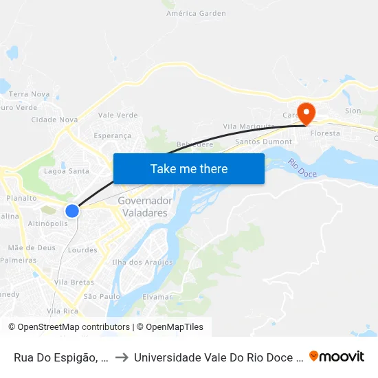 Rua Do Espigão, 211 to Universidade Vale Do Rio Doce - Ceu map