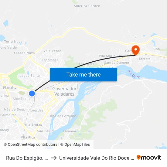 Rua Do Espigão, 212 to Universidade Vale Do Rio Doce - Ceu map