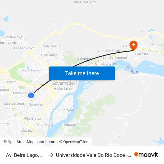 Av. Beira Lago, 179 to Universidade Vale Do Rio Doce - Ceu map