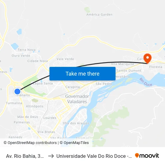 Av. Rio Bahia, 3800 to Universidade Vale Do Rio Doce - Ceu map