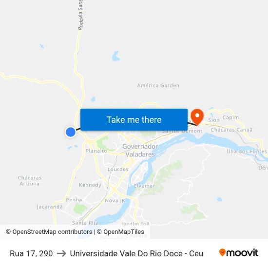Rua 17, 290 to Universidade Vale Do Rio Doce - Ceu map
