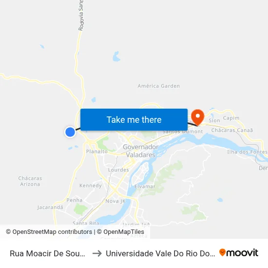 Rua Moacir De Souza, 445 to Universidade Vale Do Rio Doce - Ceu map