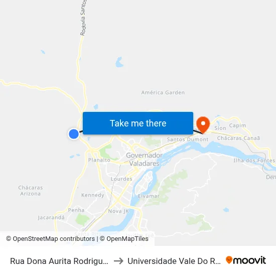 Rua Dona Aurita Rodrigues Rocha, 319 to Universidade Vale Do Rio Doce - Ceu map