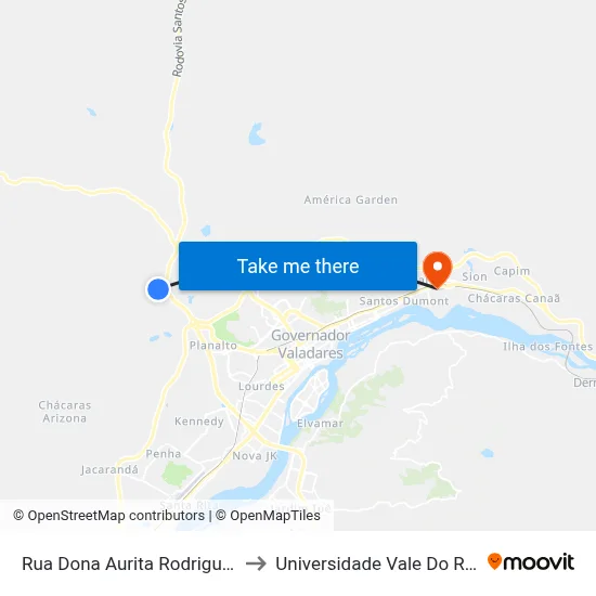 Rua Dona Aurita Rodrigues Rocha, 284 to Universidade Vale Do Rio Doce - Ceu map