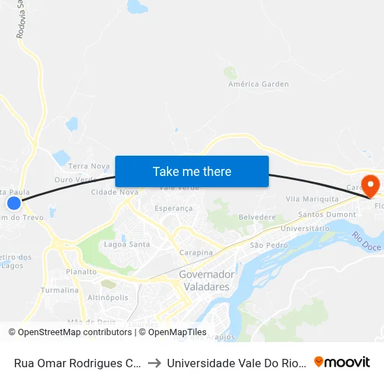 Rua Omar Rodrigues Coelho, 549 to Universidade Vale Do Rio Doce - Ceu map