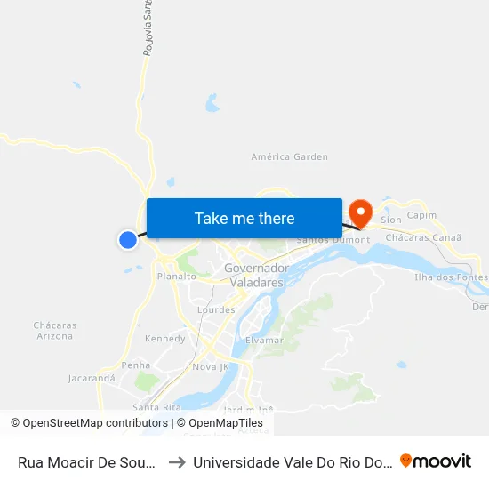 Rua Moacir De Souza, 492 to Universidade Vale Do Rio Doce - Ceu map