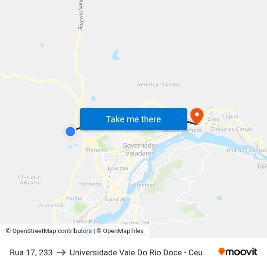 Rua 17, 233 to Universidade Vale Do Rio Doce - Ceu map