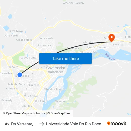 Av. Da Vertente, 406 to Universidade Vale Do Rio Doce - Ceu map
