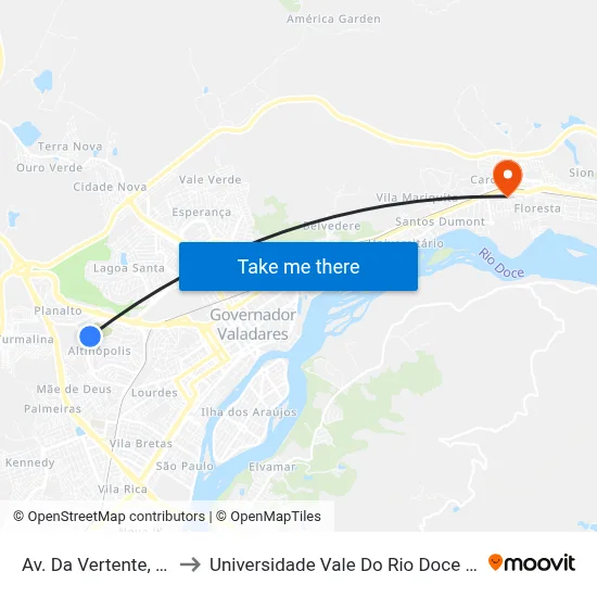 Av. Da Vertente, 480 to Universidade Vale Do Rio Doce - Ceu map