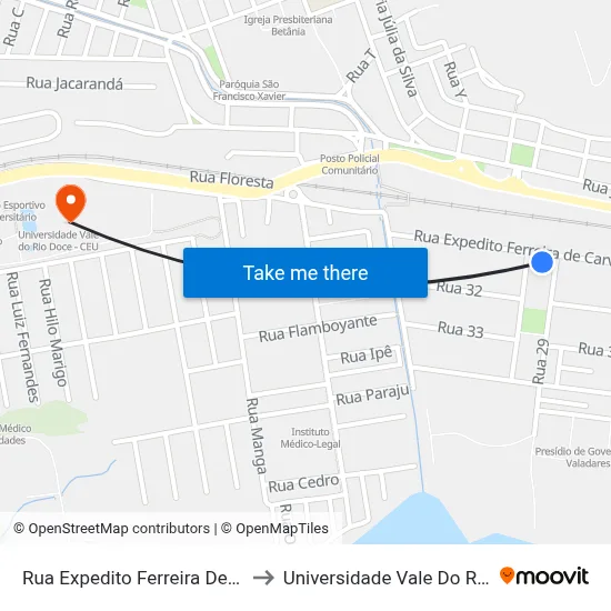 Rua Expedito Ferreira De Carvalho, 279 to Universidade Vale Do Rio Doce - Ceu map