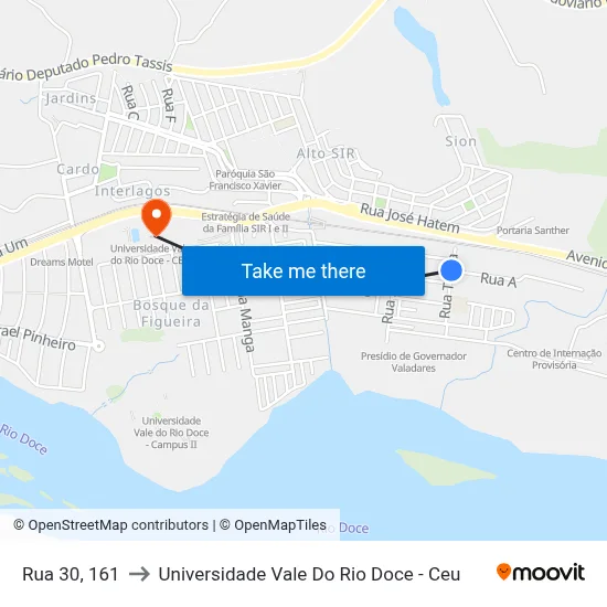 Rua 30, 161 to Universidade Vale Do Rio Doce - Ceu map