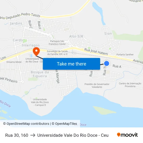 Rua 30, 160 to Universidade Vale Do Rio Doce - Ceu map
