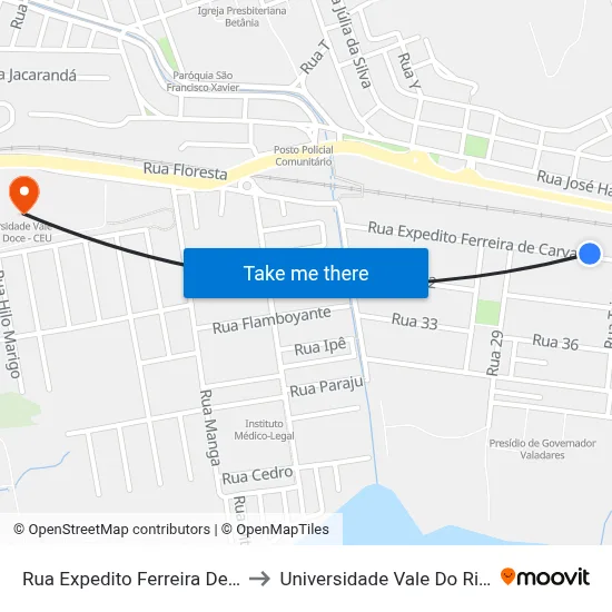 Rua Expedito Ferreira De Carvalho, 80 to Universidade Vale Do Rio Doce - Ceu map