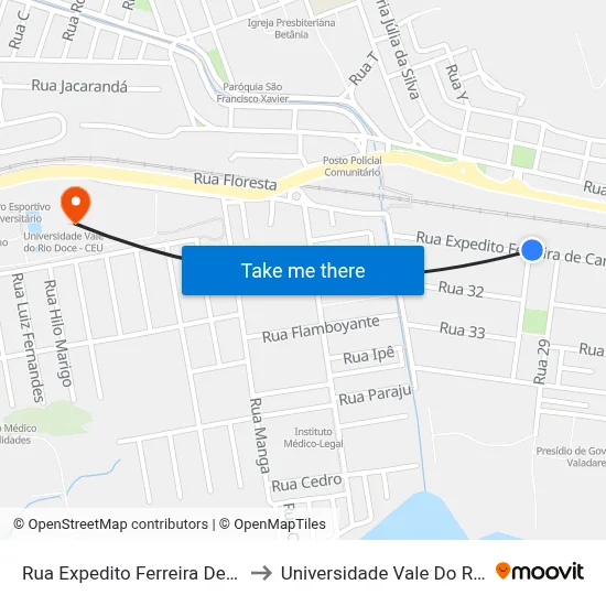 Rua Expedito Ferreira De Carvalho, 296 to Universidade Vale Do Rio Doce - Ceu map