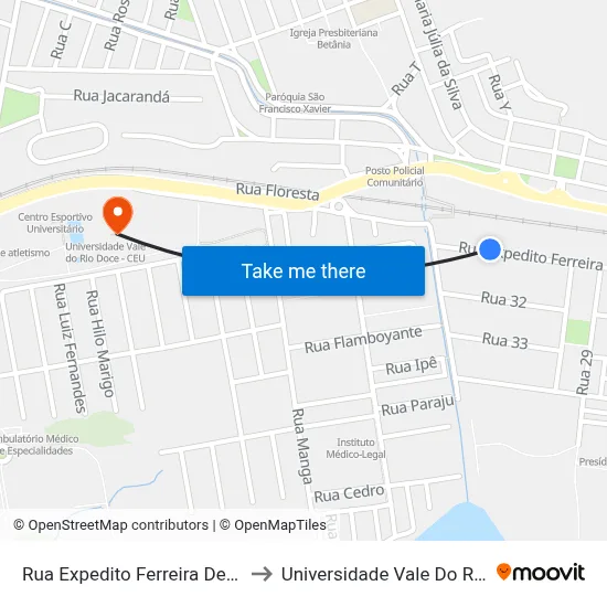 Rua Expedito Ferreira De Carvalho, 476 to Universidade Vale Do Rio Doce - Ceu map