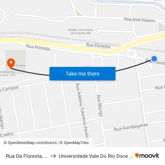 Rua Da Floresta, 100 to Universidade Vale Do Rio Doce - Ceu map