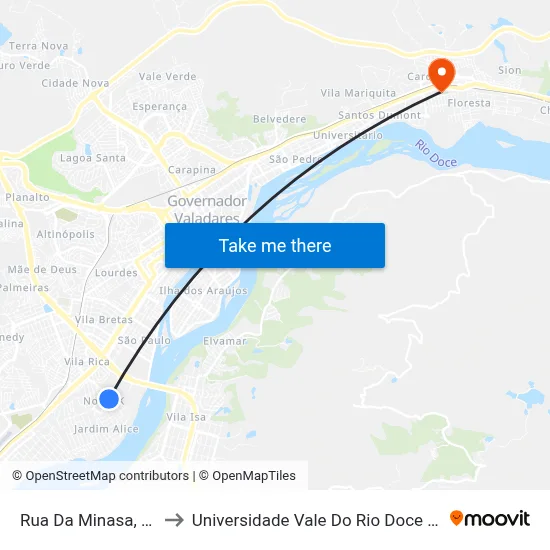 Rua Da Minasa, 401 to Universidade Vale Do Rio Doce - Ceu map