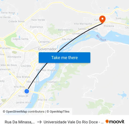 Rua Da Minasa, 23 to Universidade Vale Do Rio Doce - Ceu map