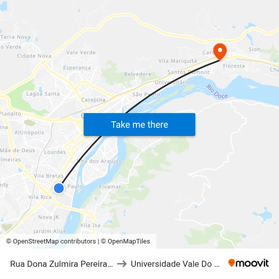 Rua Dona Zulmira Pereira Da Silva, 1014 to Universidade Vale Do Rio Doce - Ceu map