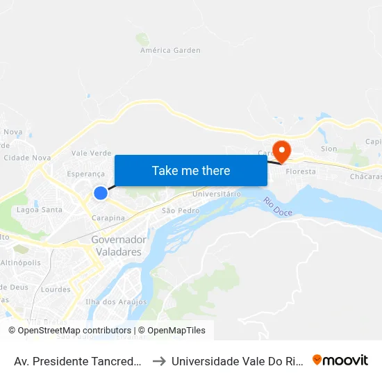 Av. Presidente Tancredo Neves, 579 to Universidade Vale Do Rio Doce - Ceu map