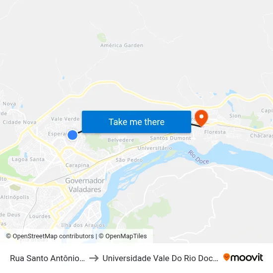 Rua Santo Antônio, 257 to Universidade Vale Do Rio Doce - Ceu map