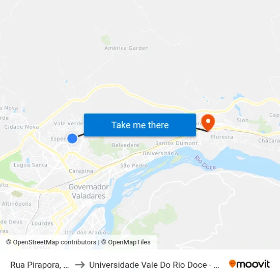 Rua Pirapora, 30 to Universidade Vale Do Rio Doce - Ceu map