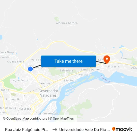 Rua Juiz Fulgêncio Pimenta, 250 to Universidade Vale Do Rio Doce - Ceu map