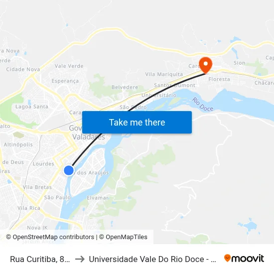 Rua Curitiba, 843 to Universidade Vale Do Rio Doce - Ceu map