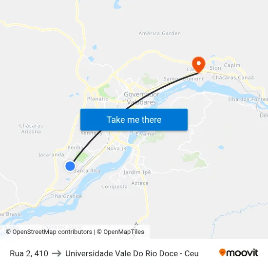 Rua 2, 410 to Universidade Vale Do Rio Doce - Ceu map