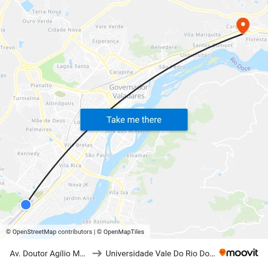 Av. Doutor Agílio Monteiro to Universidade Vale Do Rio Doce - Ceu map