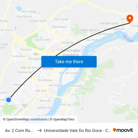 Av. 2 Com Rua F to Universidade Vale Do Rio Doce - Ceu map