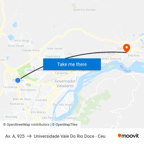 Av. A, 925 to Universidade Vale Do Rio Doce - Ceu map