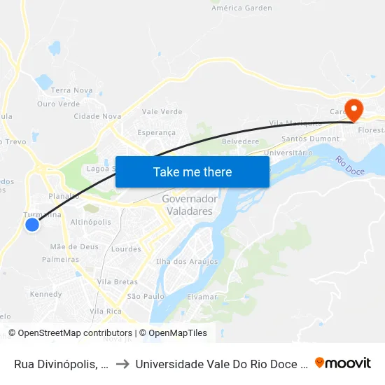 Rua Divinópolis, 141 to Universidade Vale Do Rio Doce - Ceu map