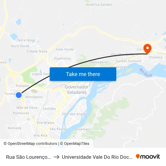 Rua São Lourenço, 715 to Universidade Vale Do Rio Doce - Ceu map